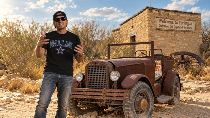 Artist beside an antique car in a sunlit West Texas desert scene