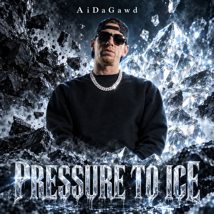 Artist surrounded by sparkling ice and diamonds on a Pressure to Ice cover