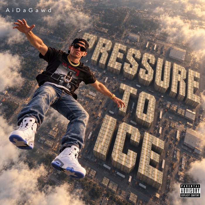 Artist falling above giant Pressure to Ice letters made of money