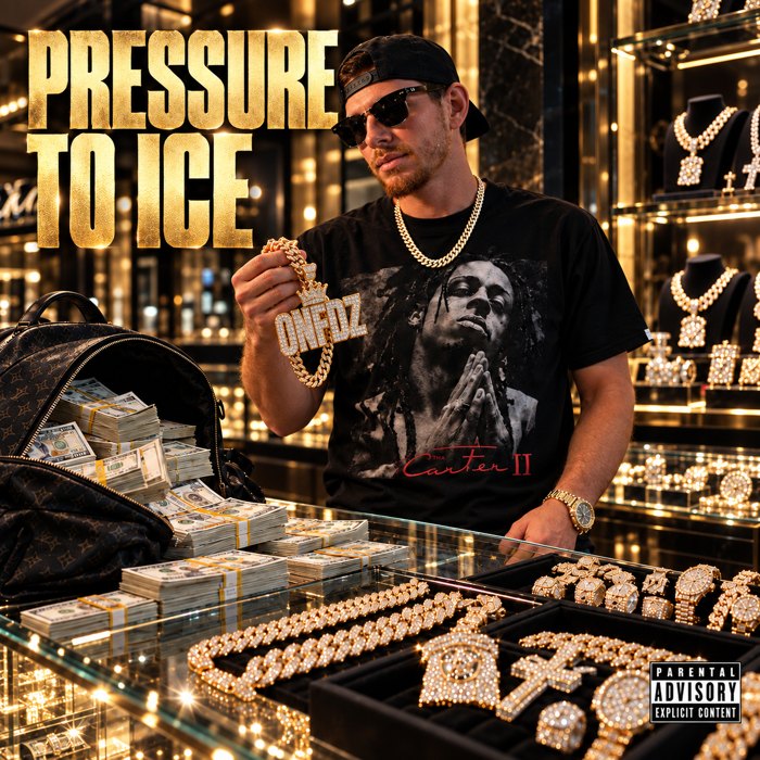 Artist inspecting a diamond pendant at a jewelry counter beneath the Pressure to Ice title