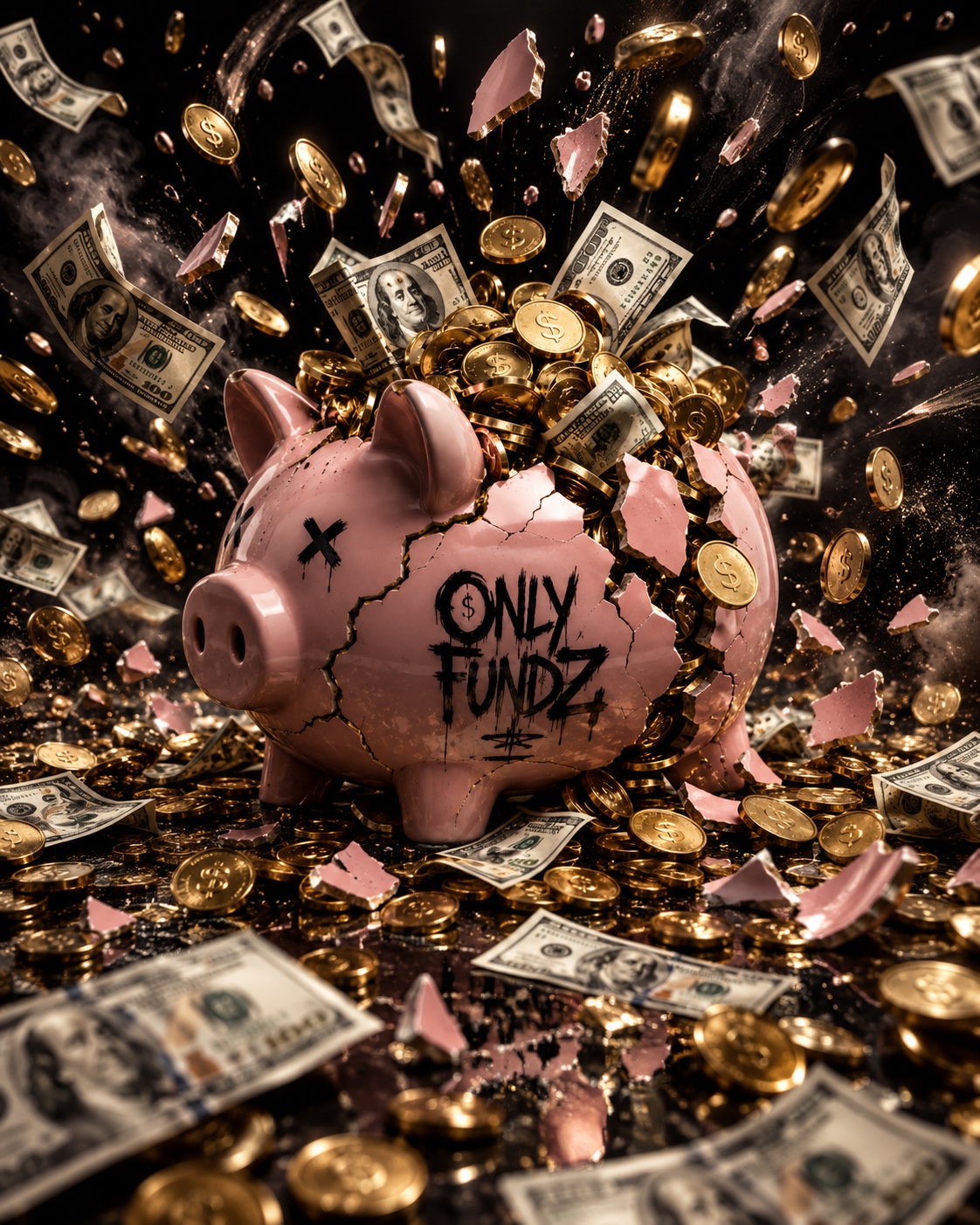 OnlyFundz pink piggy bank bursting with gold coins and money