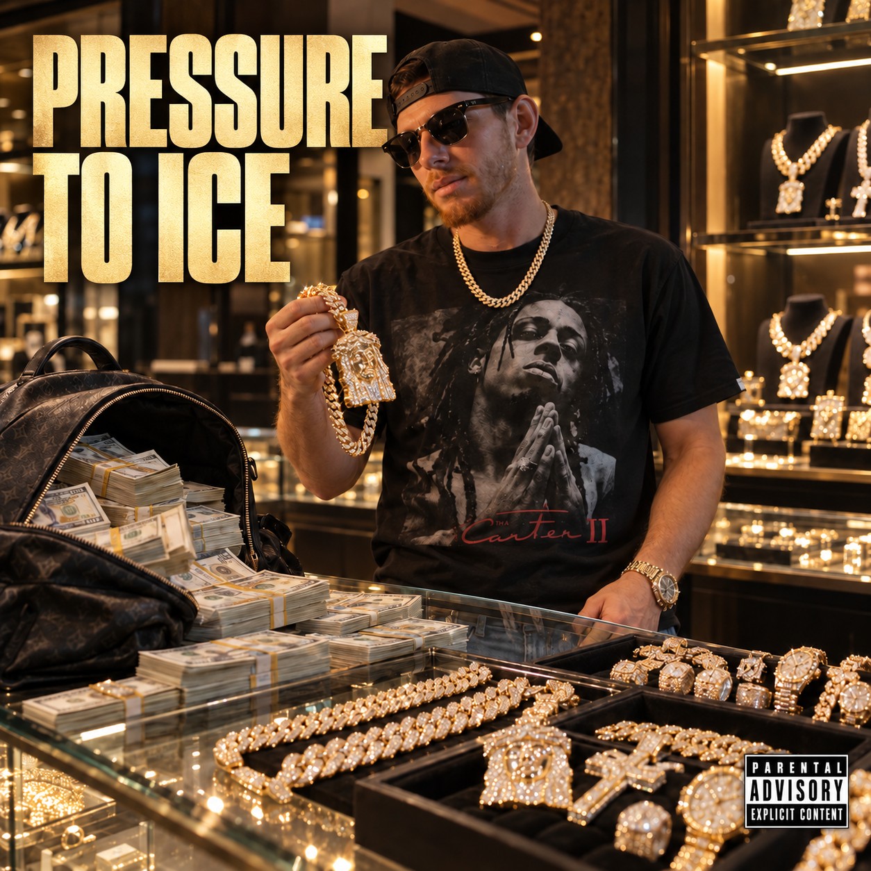 Pressure to Ice album cover with a cinematic jewelry store scene