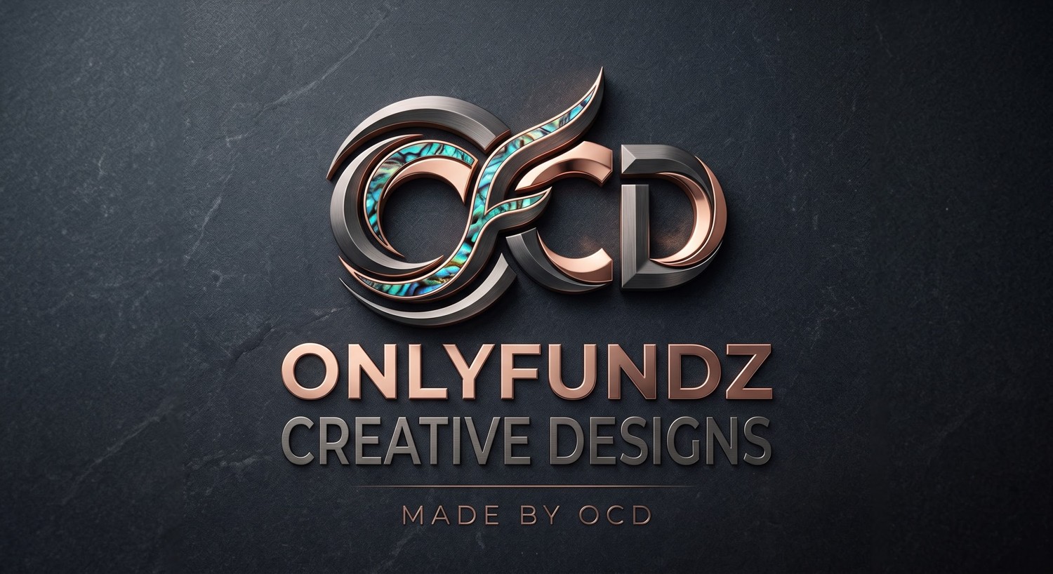 OnlyFundz Creative Designs metallic copper and turquoise logo, Made by OCD